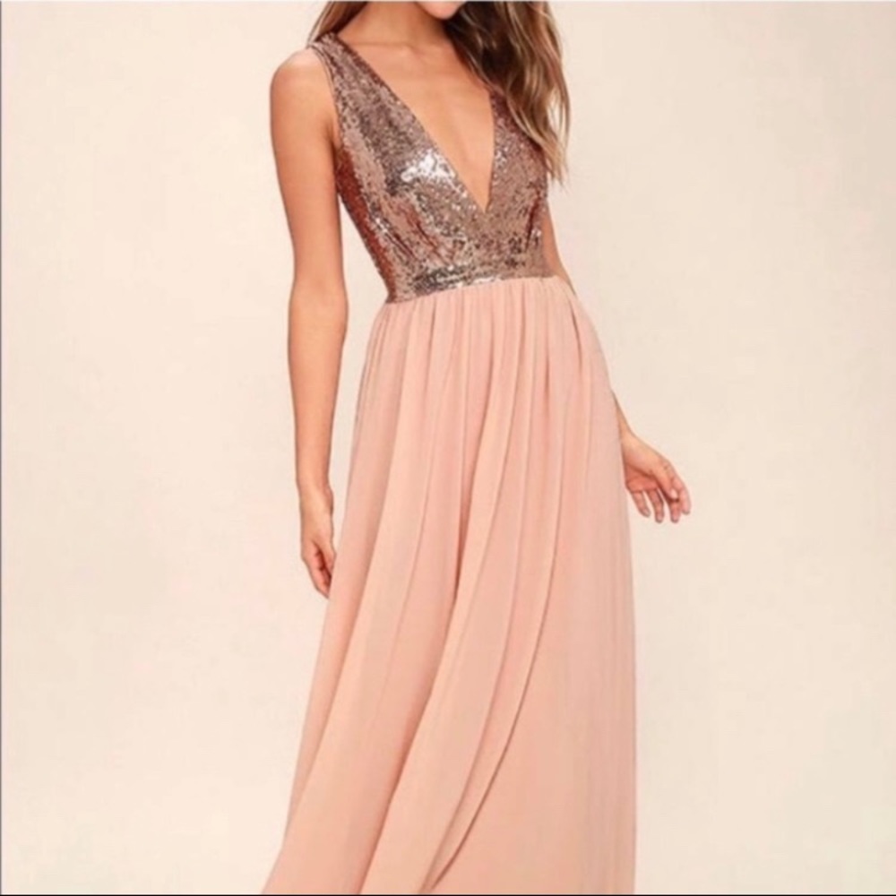 Lulu’s Elegant Encounter Rose Gold Sequin Blush Pink Gown Formal Dress Small